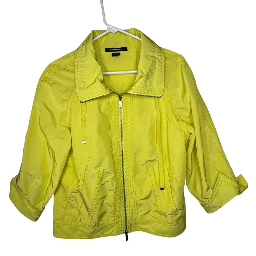 Ellen Tracy Yellow Green‎ Jacket Womens Medium Full Zip Lightweight Wind 90s VTG